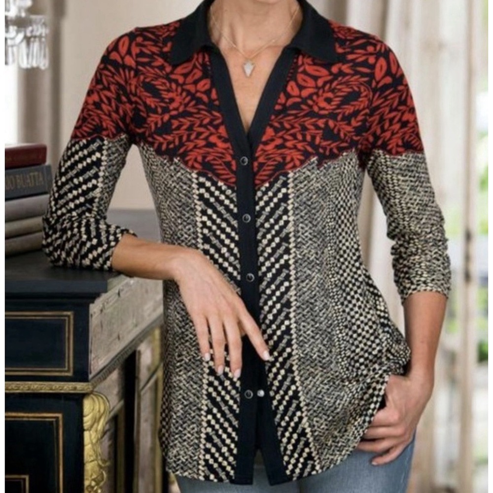 Soft Surroundings Women's Calistoga Red Black Snap Front Floral Shirt Size Small